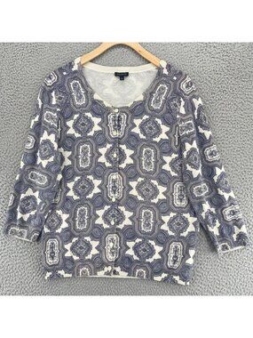 Talbots Sweater Womens Large Gray Geometric Batik Button Up Long Sleeve Casual